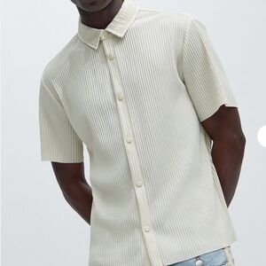 Men's Beige Textured Button Down Shirt